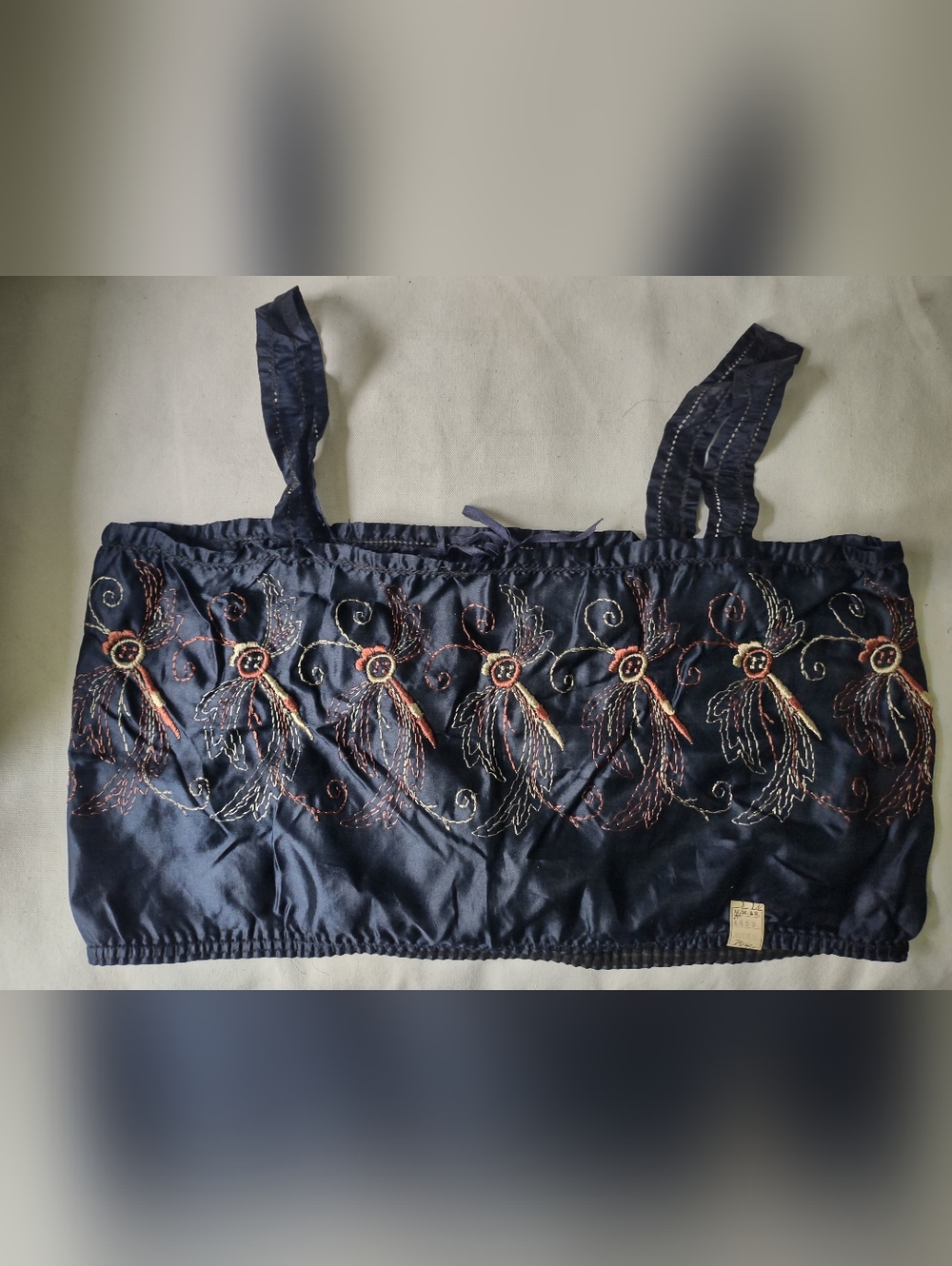 ANTIQUE 30S NAVY BLUE RAYON LADIES EMBROIDERED BRALETTE TOP SZ 40 SAMPLE NOS TAG